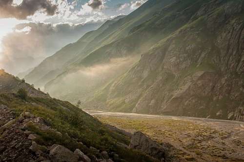 Valley between the mountains at sunrise