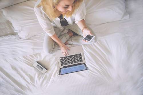 blogging Woman with laptop at bed