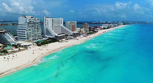 Aerial landscape of the hotel zone of Cancun with cloudy sky, Mexico, Caribbean
