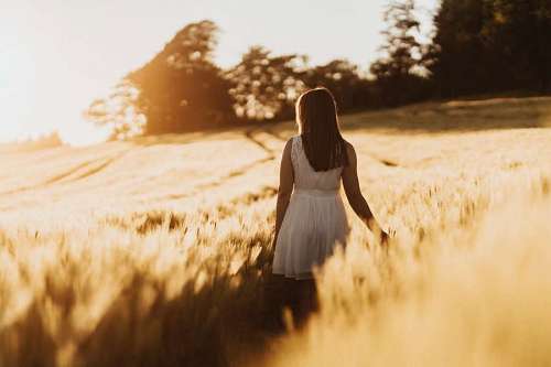 Young woman walking through a field at sunrise