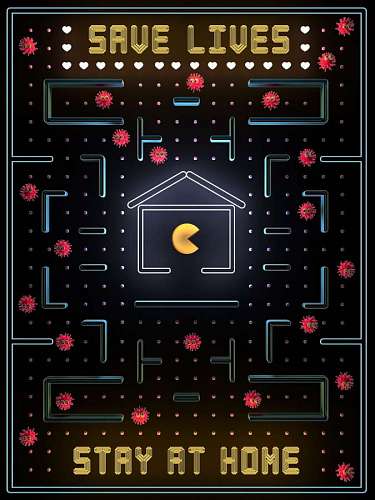 persuasion poster to stay at home with pac-man theme