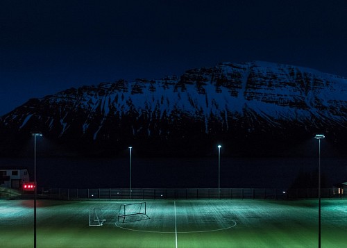 Soccer stadium with mountains background