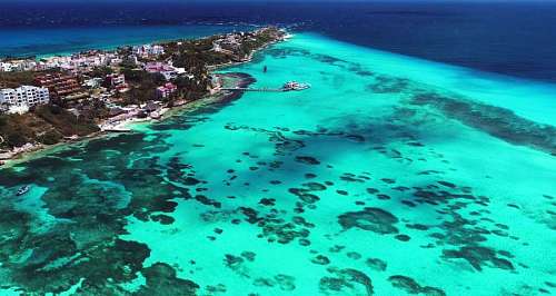 Aerial view of the coast with part of the hotel zone of Cancun, Mexico, Caribbean.