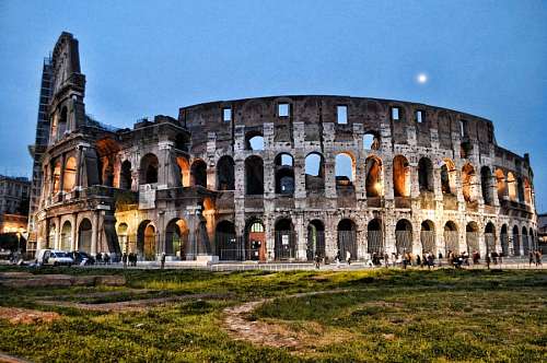 theaters Night Colosseum in Rome, Italy, Europe.