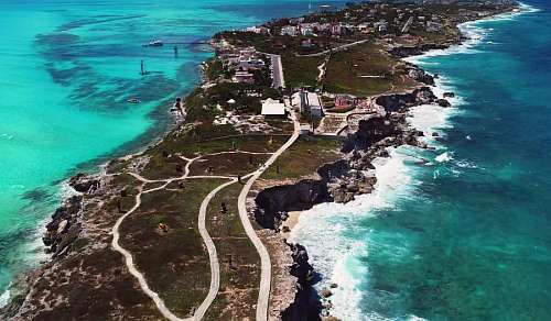Aerial view of the coastal strip in Cancun, Mexico, Caribbean.