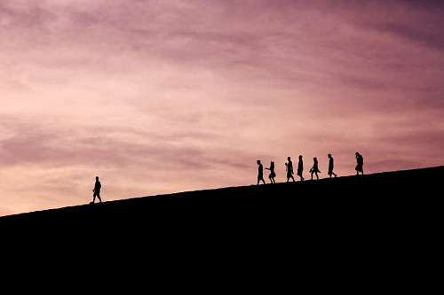 silhouette of people going down a hill