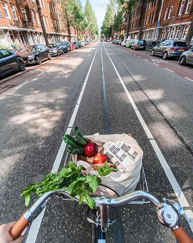 point-of-sale A person carrying purchases of vegetables and milk on his bicycle