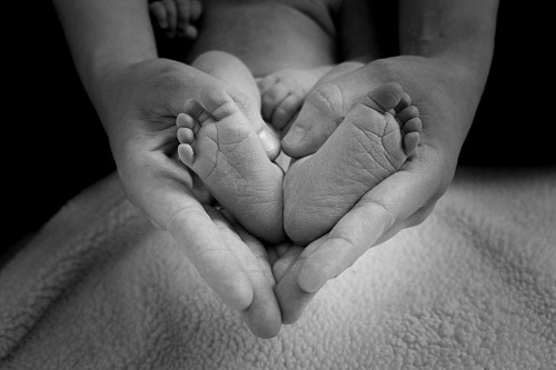 newborn Baby's feet held by his mother