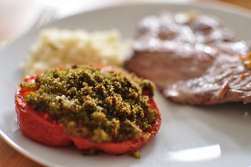 food, plate, front view, meat, tomato, stuffed, go