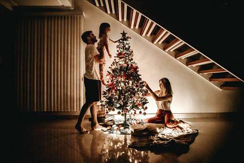 christmastime Family putting together Christmas tree at home