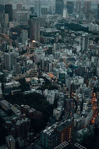 aerial landscape of a city near sunset