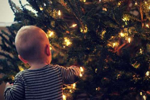 christmastime Little boy waiting for gifts at the Christmas tree