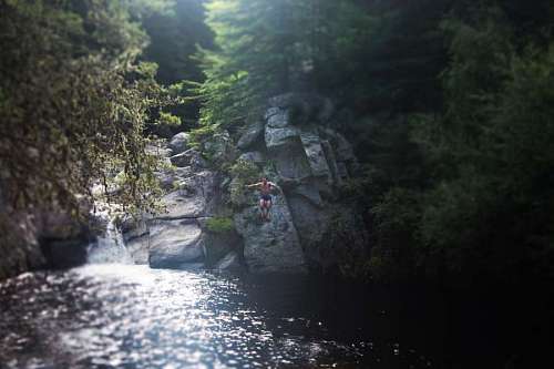 courage Man Jumping From A High Cliff Into A Mountain River