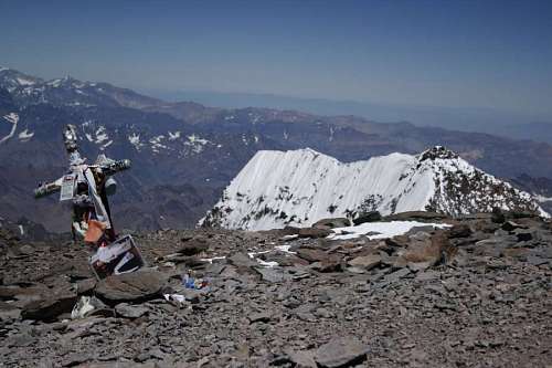 achievement Aconcagua mountain top at Mendoza Province, Argentina