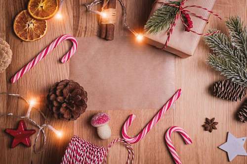 christmastime Christmas background with candys and gifts