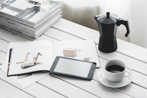 magazine-cover Moment of leisure with coffee and digital tablet