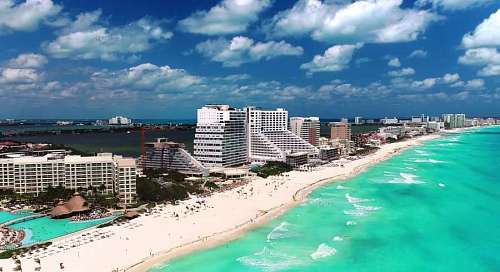 coastal Aerial view of the hotel zone in the coastal strip Cancun, Mexico, Caribbean.