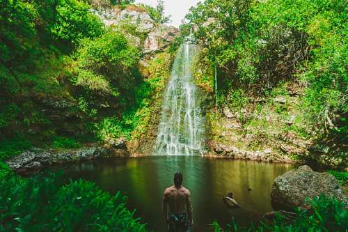 vertical Man standing in front of a waterfall in Hawaii
