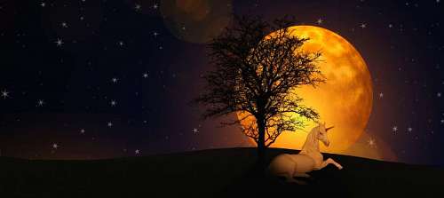Wallpaper of unicorn under the moon