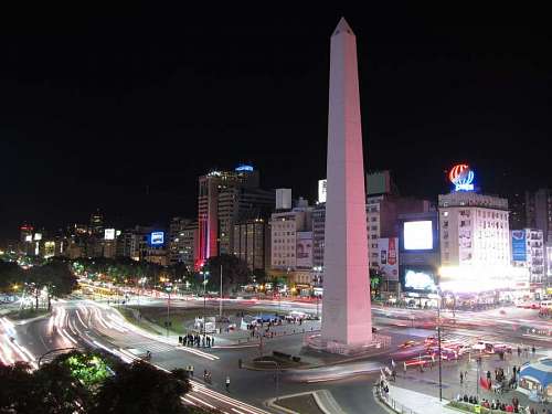 crossing Obelisco and Avenida 9 de Julio in Buenos Aires, Argentina at night