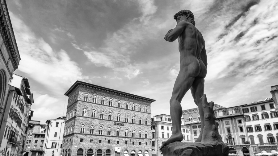 florence, italy, europe, plaza, statue, black and white, miguel angel, david, sculpture,