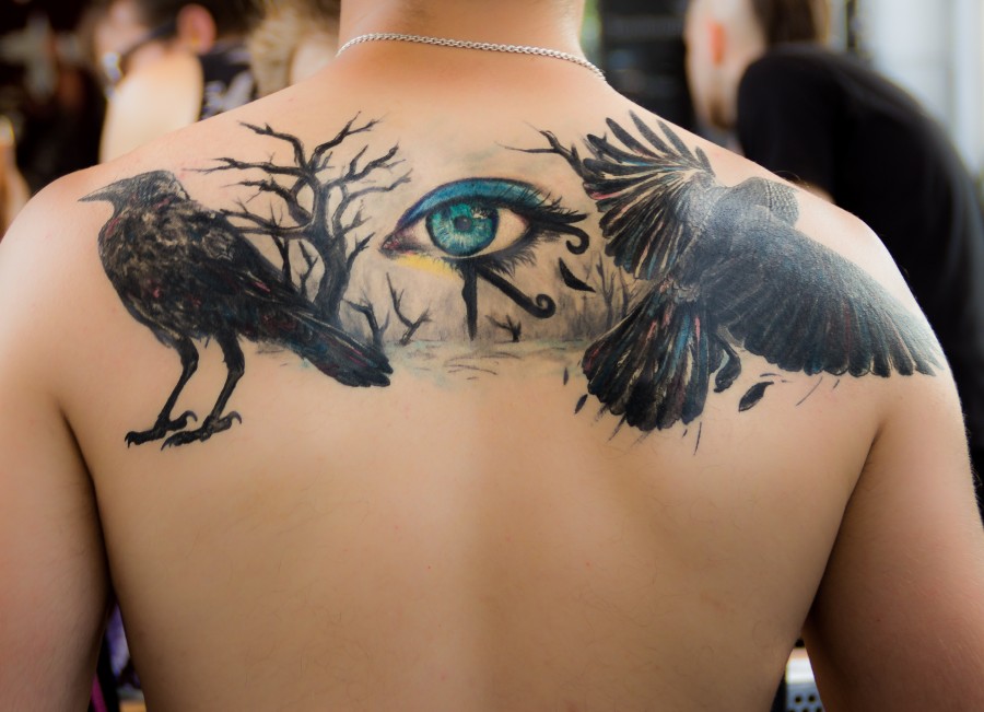 Tattoo, dig, eye, black, color, gothic, free photos, free pictures, birds, crow, eye of horus, back, man, young, boy, male
