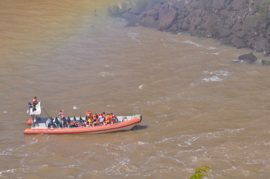 Argentina, Misiones, Iguazu National Park, Iguazu Falls, Brazil, Water, Forest, Tourist Place, Tourism, Humidity, Green, Nature, Light Rain, Wet, Greenery, Barco, Trasnporte, Gomon, boating, People, Excursion,