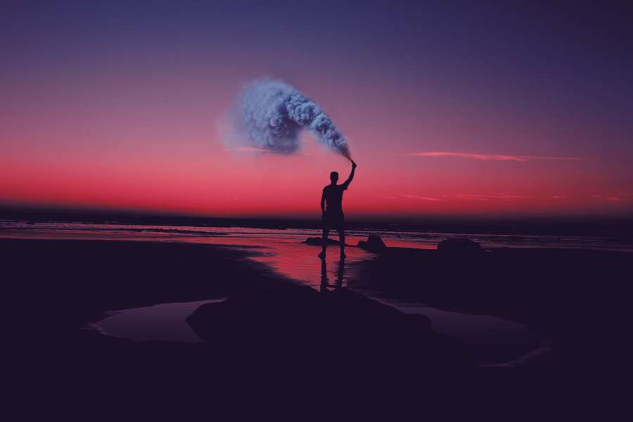 landscape, Sunset, Sunrise, Person, Silhouette, Smoke, Smoke, Bomb, Reflection, Horizon, Holding, Raised, Water