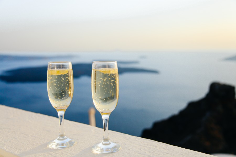 champagne, glasses, drink, two, bubbles, drink, alcoholic, glass, travel, vacation, landscape, sea, coast, toast, love,