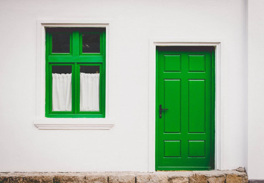 facade, door, window, green, home, front view,