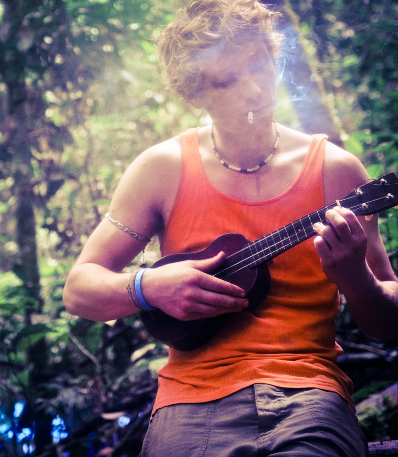 Music, Ukalele, forest, guitar, jungle, man, smke, smoking, woodland, 