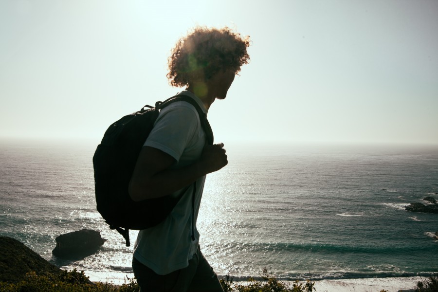 man, young, travel, backpack, curler, curlers, coast, walking, traveling, vacation, one person,