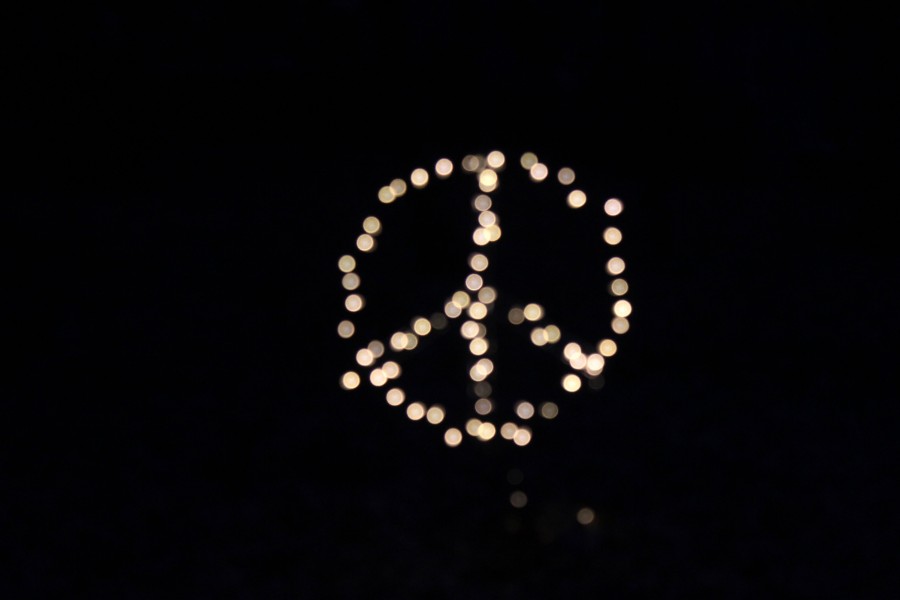 peace, lights, black background, symbol, bokeh, blur, focus, light, hd wallpaper, 4k wallpaper