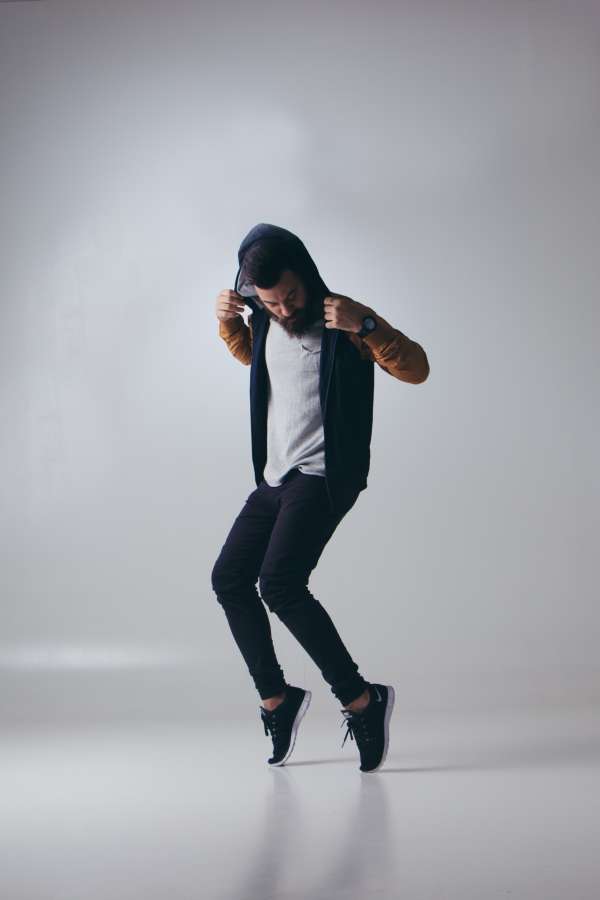 man, motion, male, action, dance, jump, dancing, modern, dancer, adult, young, person, posing, cool, white, hood, freestyle
