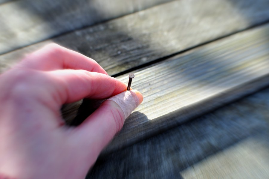 hand, job, nail, hammer, table, wood, work, band aid, band, bandage, finger, warning, hit, hit, 