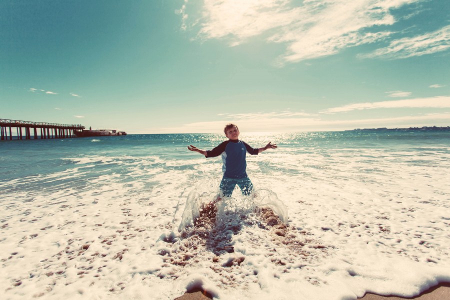one person, people, boy, playing, playing, beach, coast, jump, joy, childhood, vacation, 5 years, splash