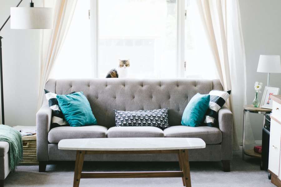 living room, interior, house, modern, gray, nobody, armchair, sofa, coffee table, home, environment, design, architecture, decoration,