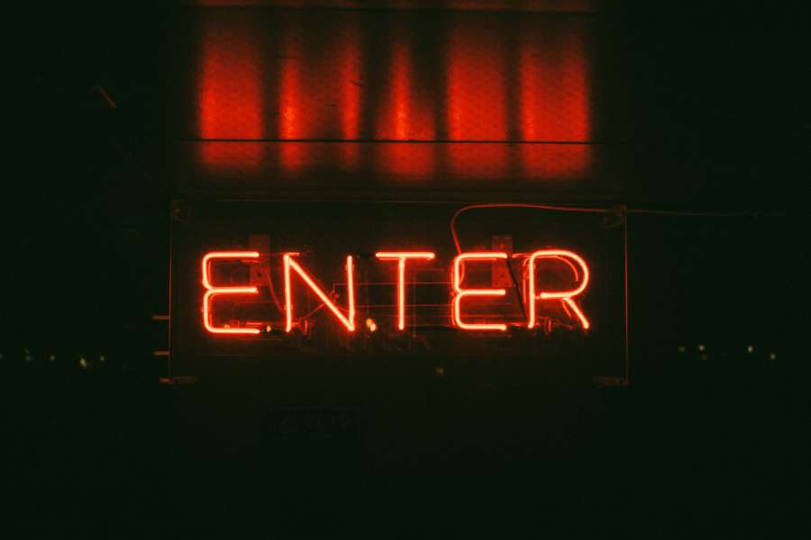 poster, sign, illuminated, red, entry, enter, enter, door, seal, neon,

