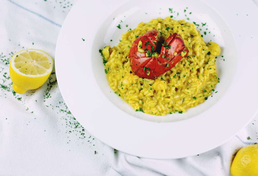 Risotto, rice, food, dish, yellow, turmeric, seasoning, tasty, flavor, gourmet, gastronomy, lemon,
