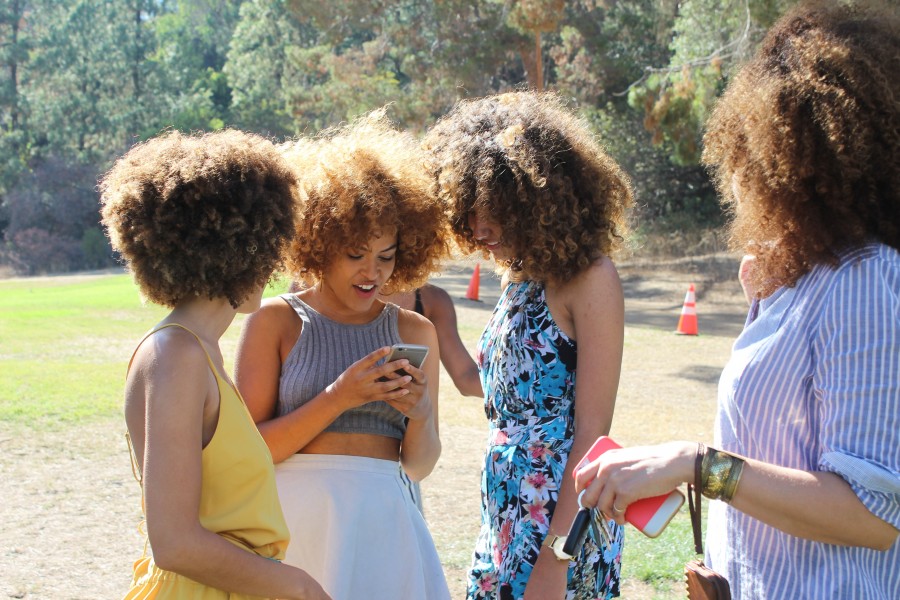 woman, women, summer, exterior, telephone, cellular, message, laughter, joy, curler, curlers, hair, dark, meeting, 