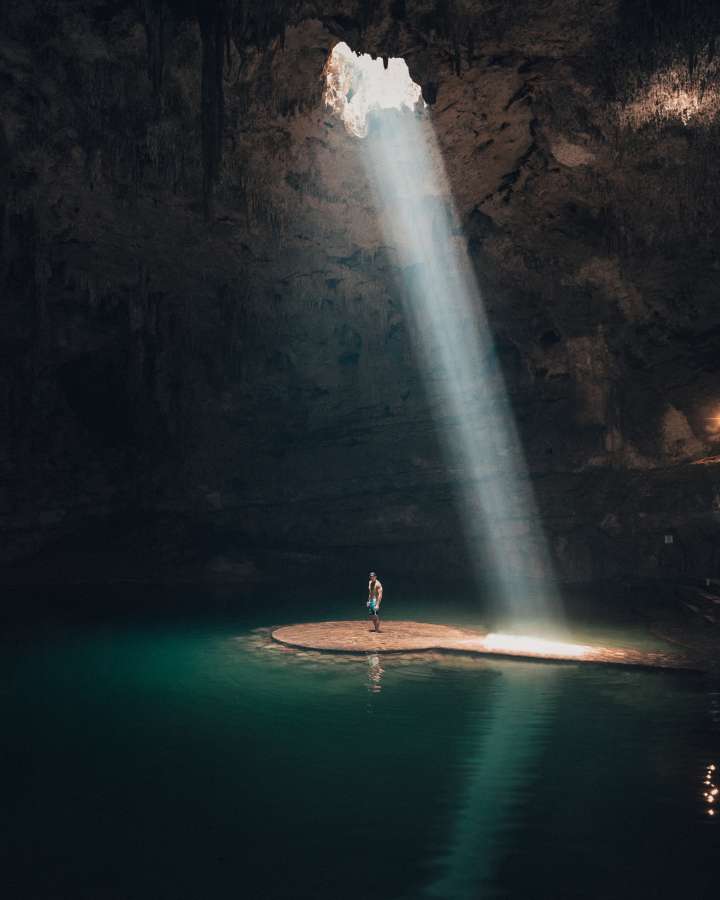 cenote, cave, cavern, interior, lake, water, mexico, riviera maya, ray of light, adventure, vacations, man, 