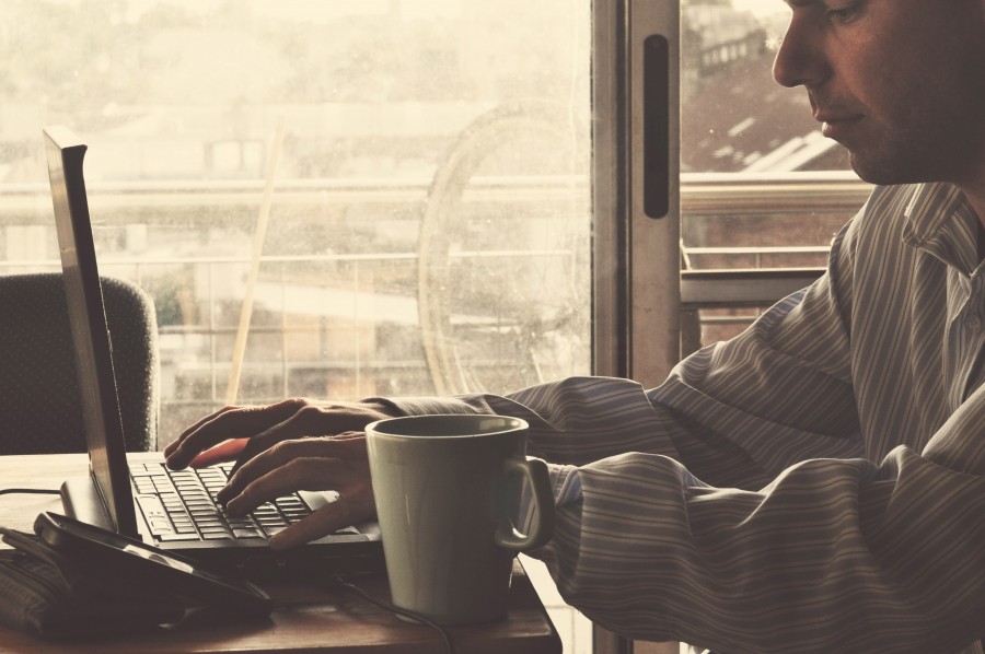 one person, man, laptop, computer, computer desk, cup, coffee, drink, work, work, work, office, interior, sunset, technology, communication,
