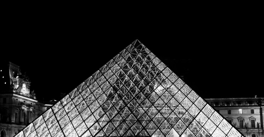 louvre museum, france, paris, europe, black and white, architecture, nobody,