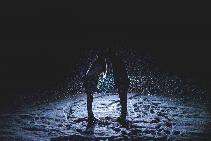 couple, kiss, snow, black background, snowing, snow, shadow, love, two people, man, woman,