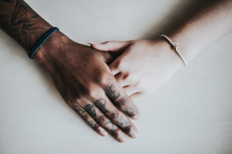 adult, bracelets, couple, fashion, young, hands, holding hands, interior, jewelry, love, man, naked, people, skin, fraternity, wedding, woman, white teas, dark-haired, dark, light, Tattoos