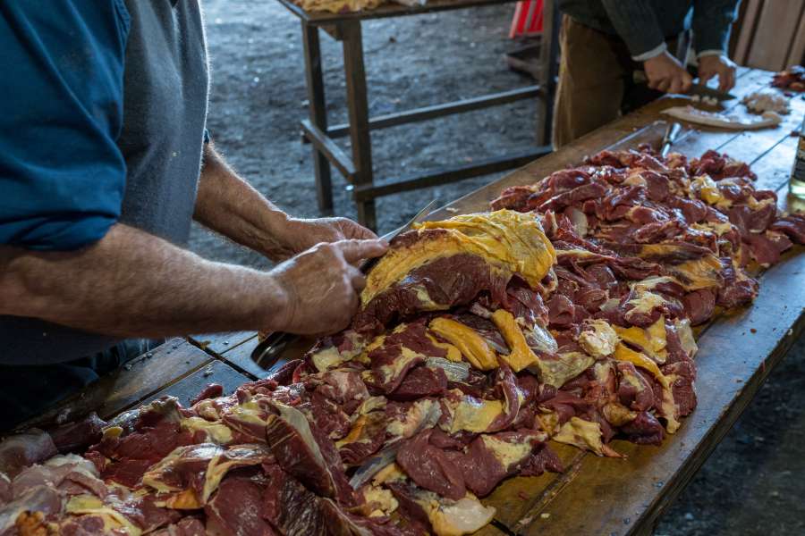 Argentina, Asado, Meat, Food, Typical, Patagonia, Cow, Beef, Animal, Slaughter, Knife, People, Work, Profession, Butcher, Field, Rural scene, Production, Livestock, Piece, Part, 