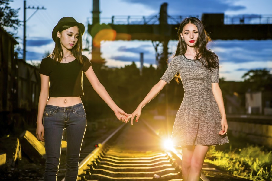 Portrait, photography, girls, young, model, girlfriends, railroad, train, roads, asia, asian, fashion, fashionable, railroad tracks