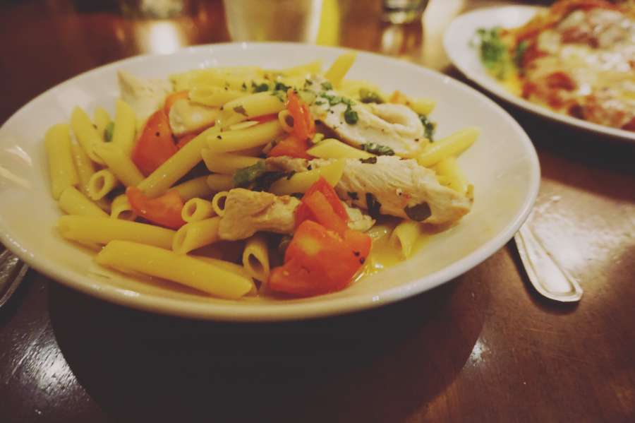 food, pasta, italian, dinner, mediterranean, plate, penne rigate, restaurant