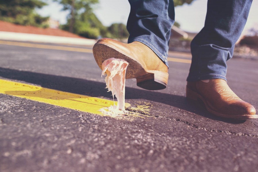 one person, people, man, shoe, shoes, foot, step, gum, sticky, concept, bad luck,