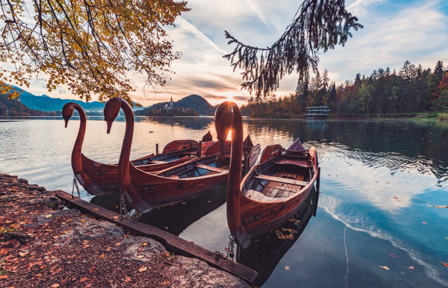 landscape, lake, boat, swans, shape, sunset, romantic, romanticism,